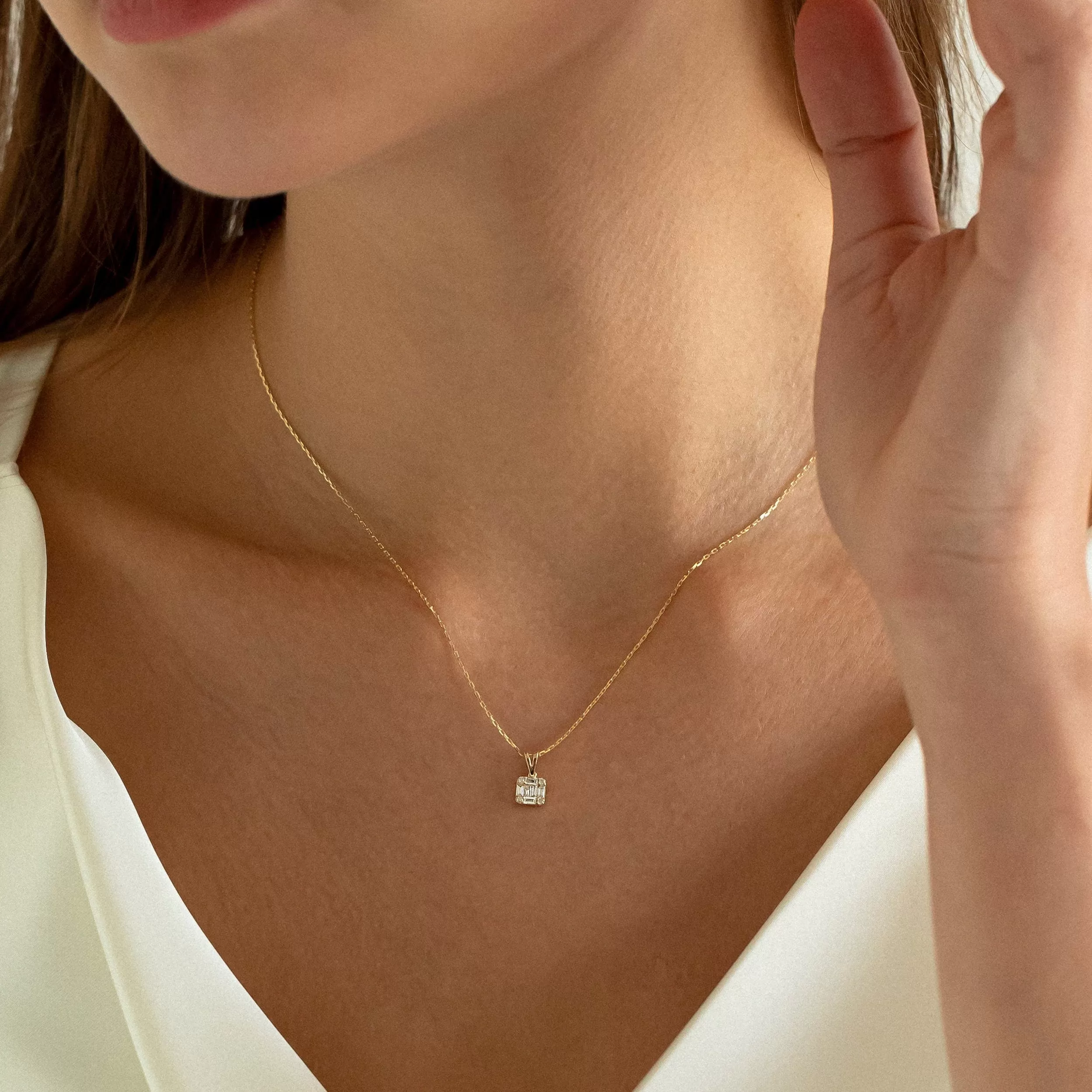 0.18 TCW Round & Baguette Moissanite Square Necklace