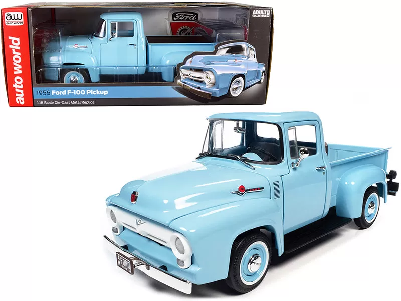 1956 Ford F-100 Mild Custom Pickup Truck Diamond Blue 1/18 Diecast Model Car by Auto World