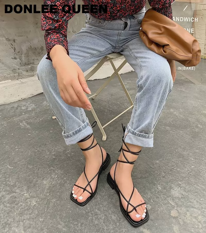 2022 New Summer Sandals Women Flat Ankle Strap Gladiator Sandal Lace Up Casual Shoes Sandals Vacatio