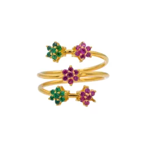 22K Yellow Gold CZ Ring W/ Cluster Flowers & Spring Band