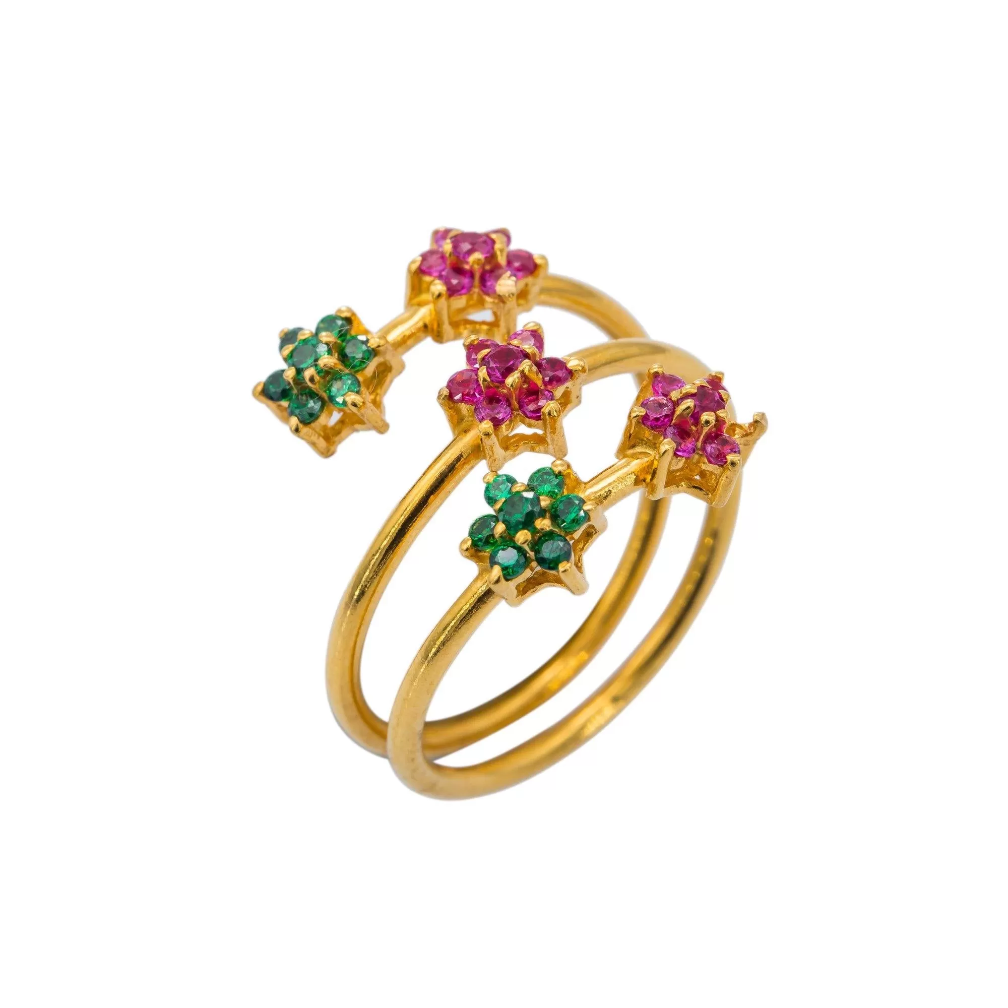 22K Yellow Gold CZ Ring W/ Cluster Flowers & Spring Band