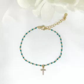 925/18k Vermeil Turquoise Enamel CZ Cross Bracelet