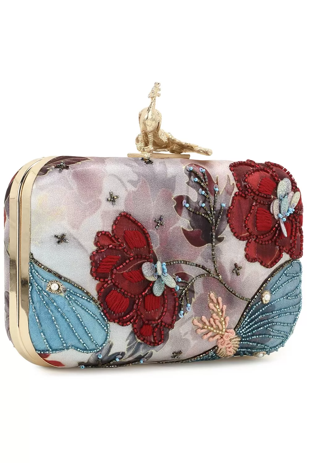 Adorn Muave & Multi Printed & Embellished Satin Clutch