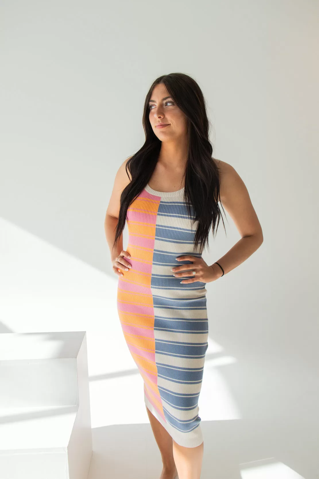 Angelina Multi Striped Midi Dress | Punch/Blue