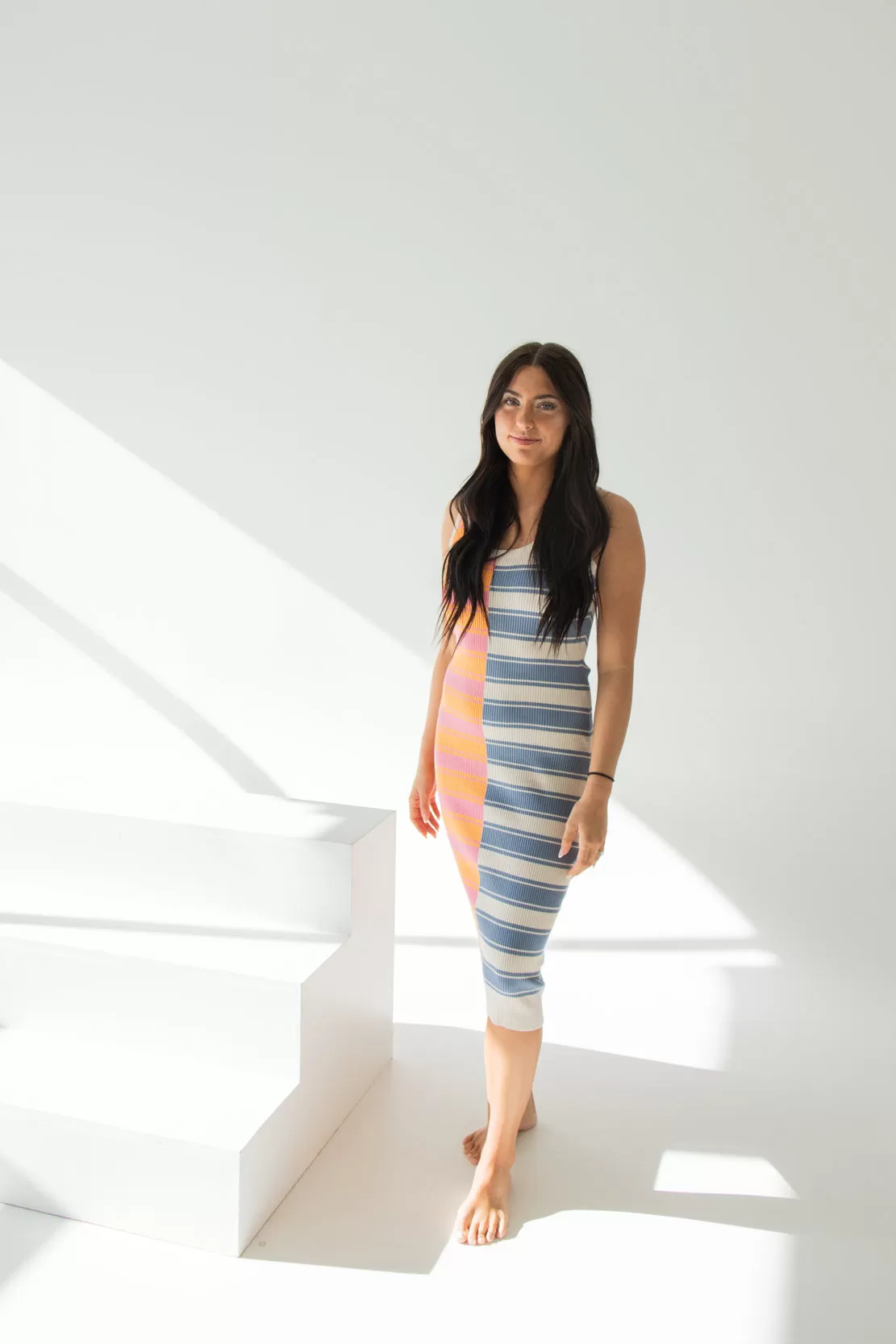 Angelina Multi Striped Midi Dress | Punch/Blue