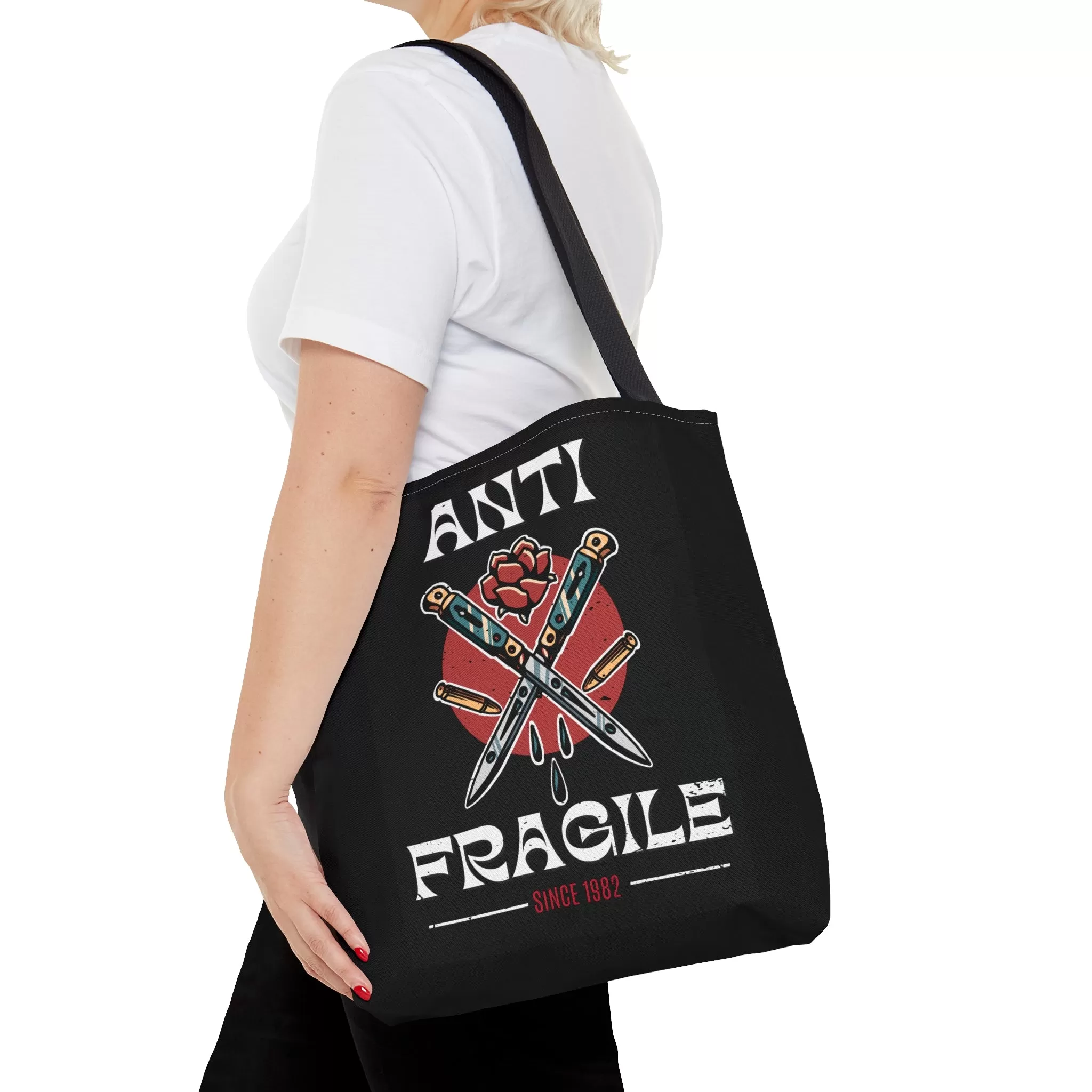 Anti Fragile Tattoo Tote Bag in Black / Vintage American Old School Traditional Tattoo Flash  / Punk Rock Beach Shopping