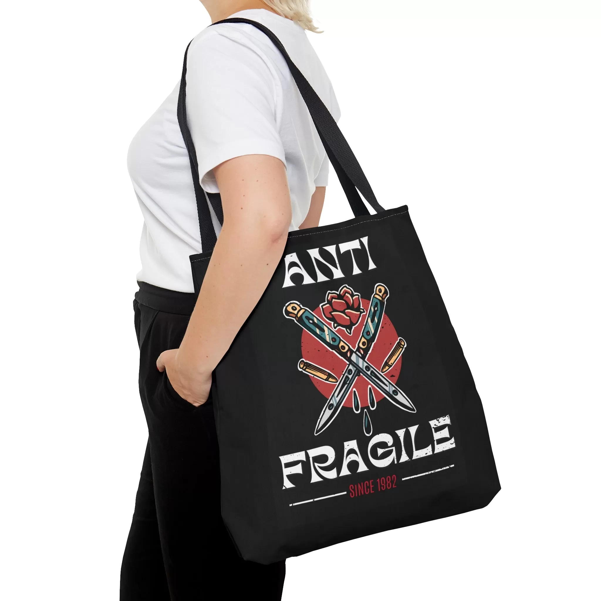 Anti Fragile Tattoo Tote Bag in Black / Vintage American Old School Traditional Tattoo Flash  / Punk Rock Beach Shopping