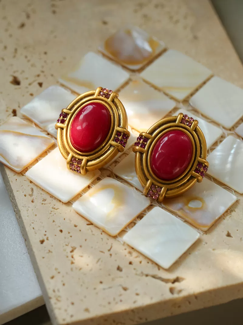 Antique Oval Red Onyx Earrings