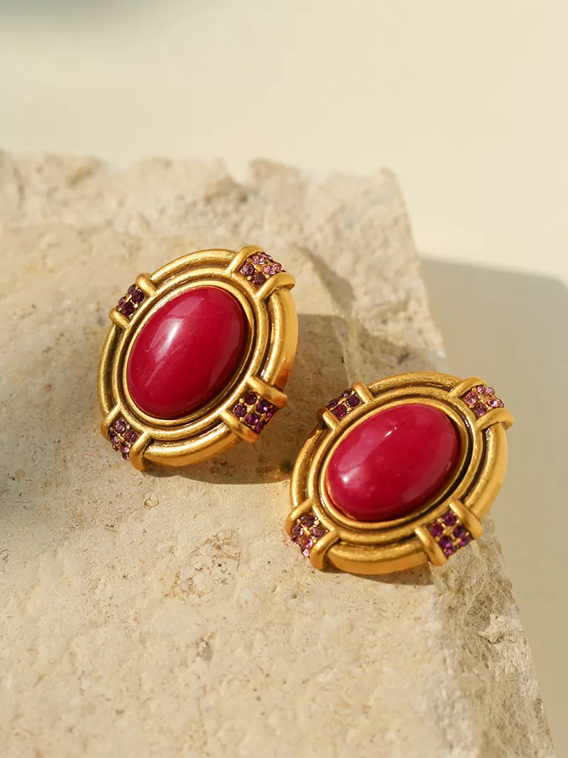 Antique Oval Red Onyx Earrings