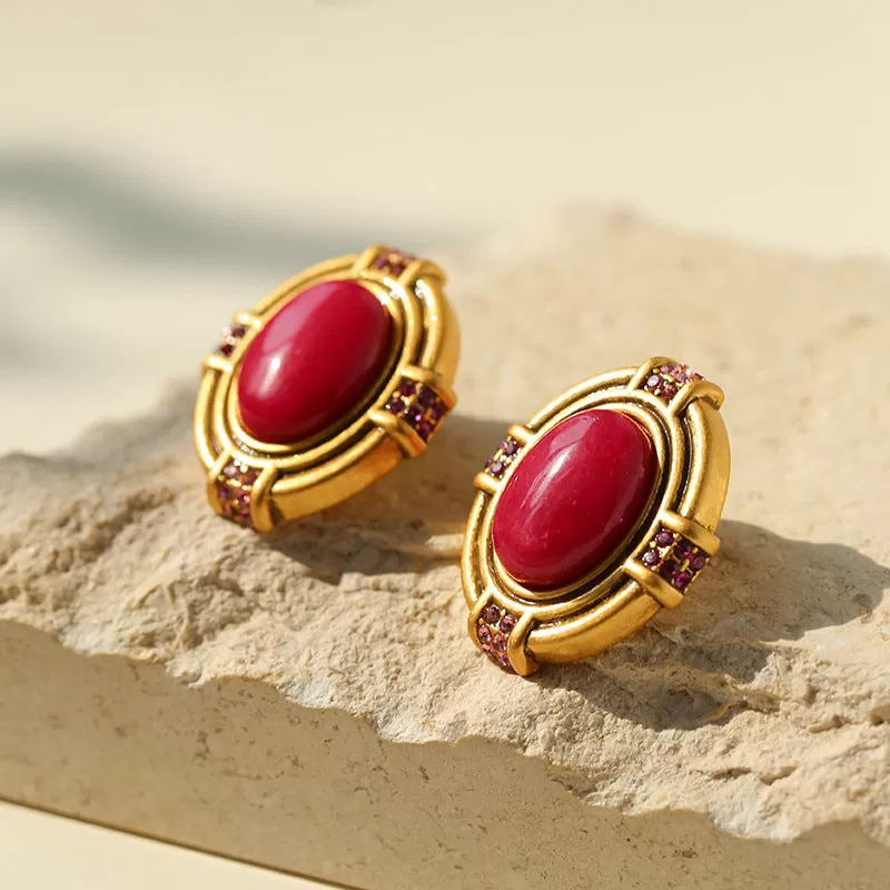 Antique Oval Red Onyx Earrings