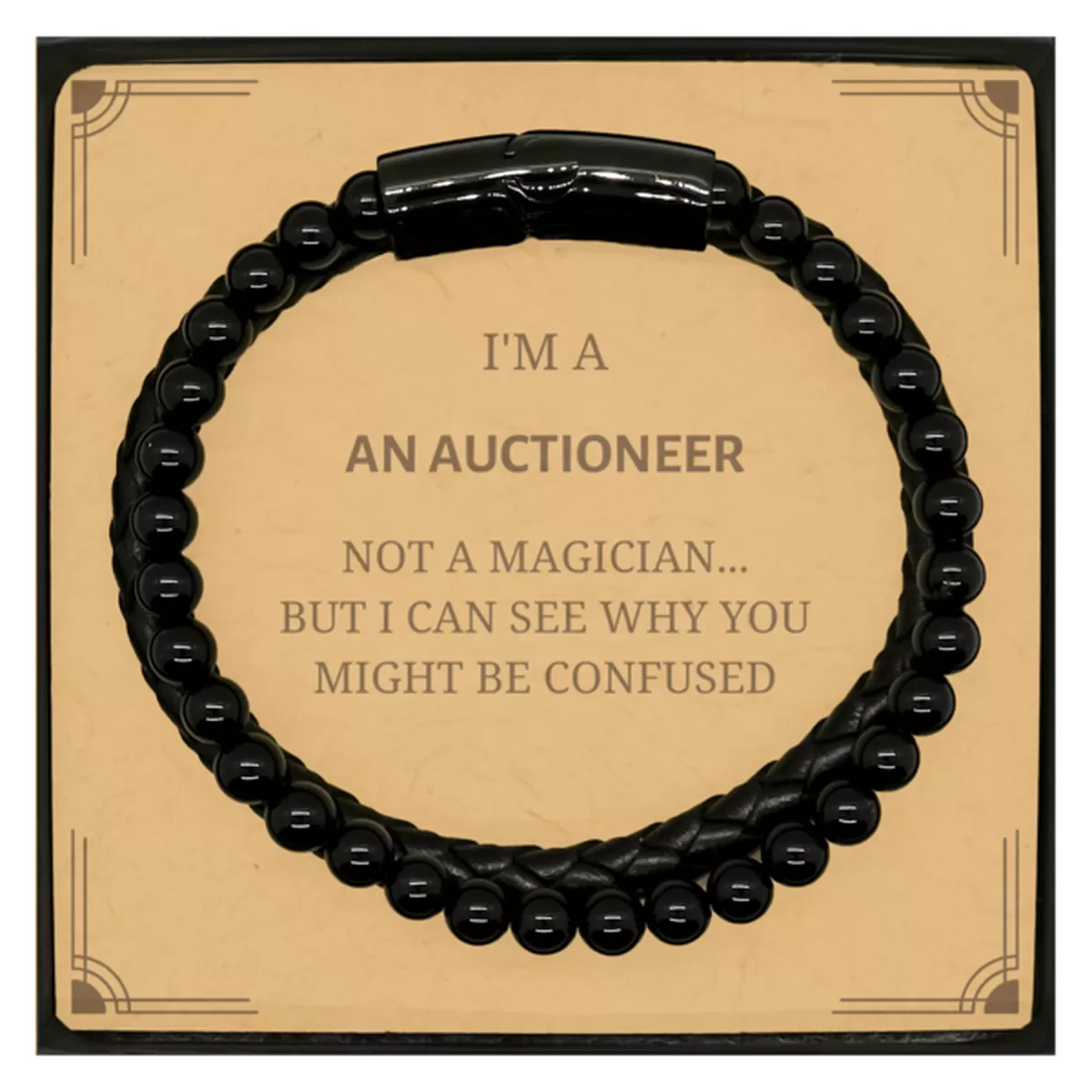 Badass Auctioneer Gifts, I'm Auctioneer not a magician, Sarcastic Stone Leather Bracelets for Auctioneer Birthday Christmas for  Men, Women, Friends, Coworkers