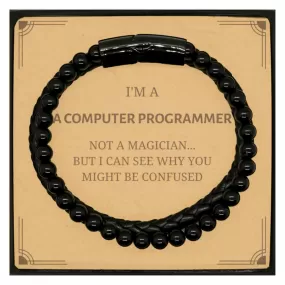 Badass Computer Programmer Gifts, I'm Computer Programmer not a magician, Sarcastic Stone Leather Bracelets for Computer Programmer Birthday Christmas for  Men, Women, Friends, Coworkers