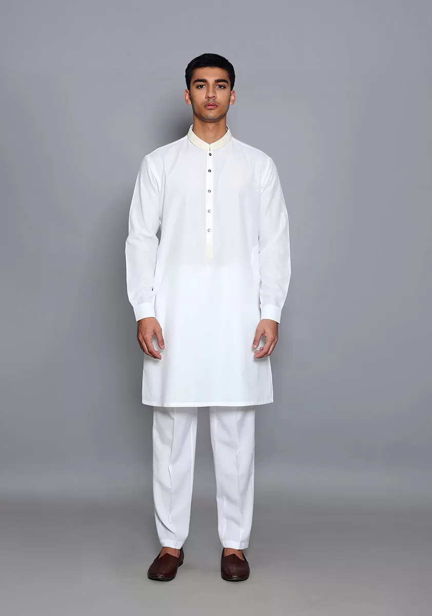 Basic Cotton Silk Cloud Dancer Slim Fit Embroidered Suit