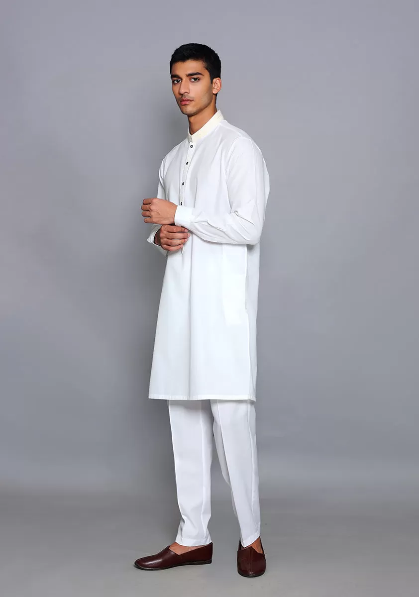 Basic Cotton Silk Cloud Dancer Slim Fit Embroidered Suit