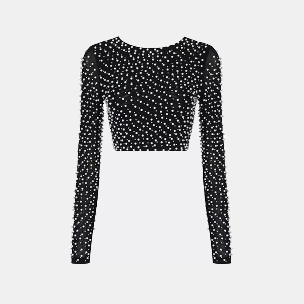 Beading Mesh Long Sleeve Crop Tops