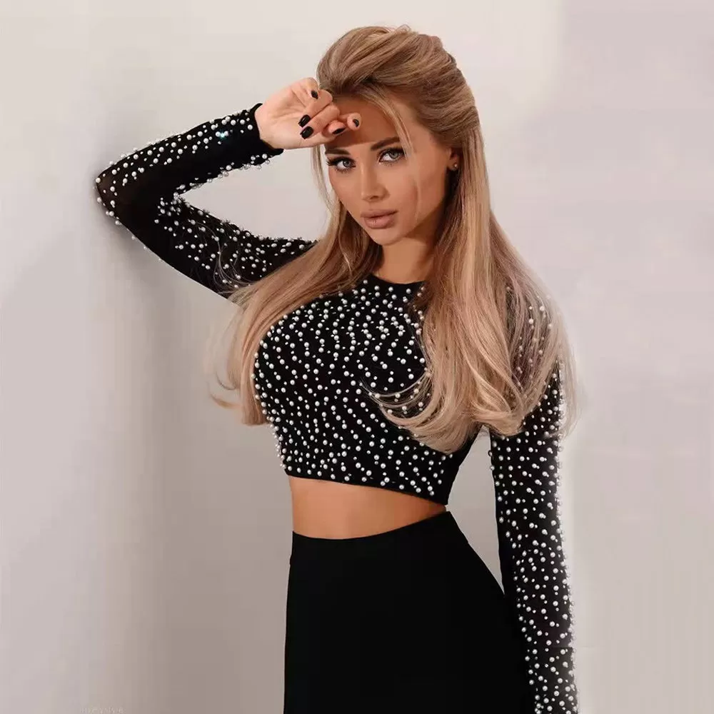 Beading Mesh Long Sleeve Crop Tops