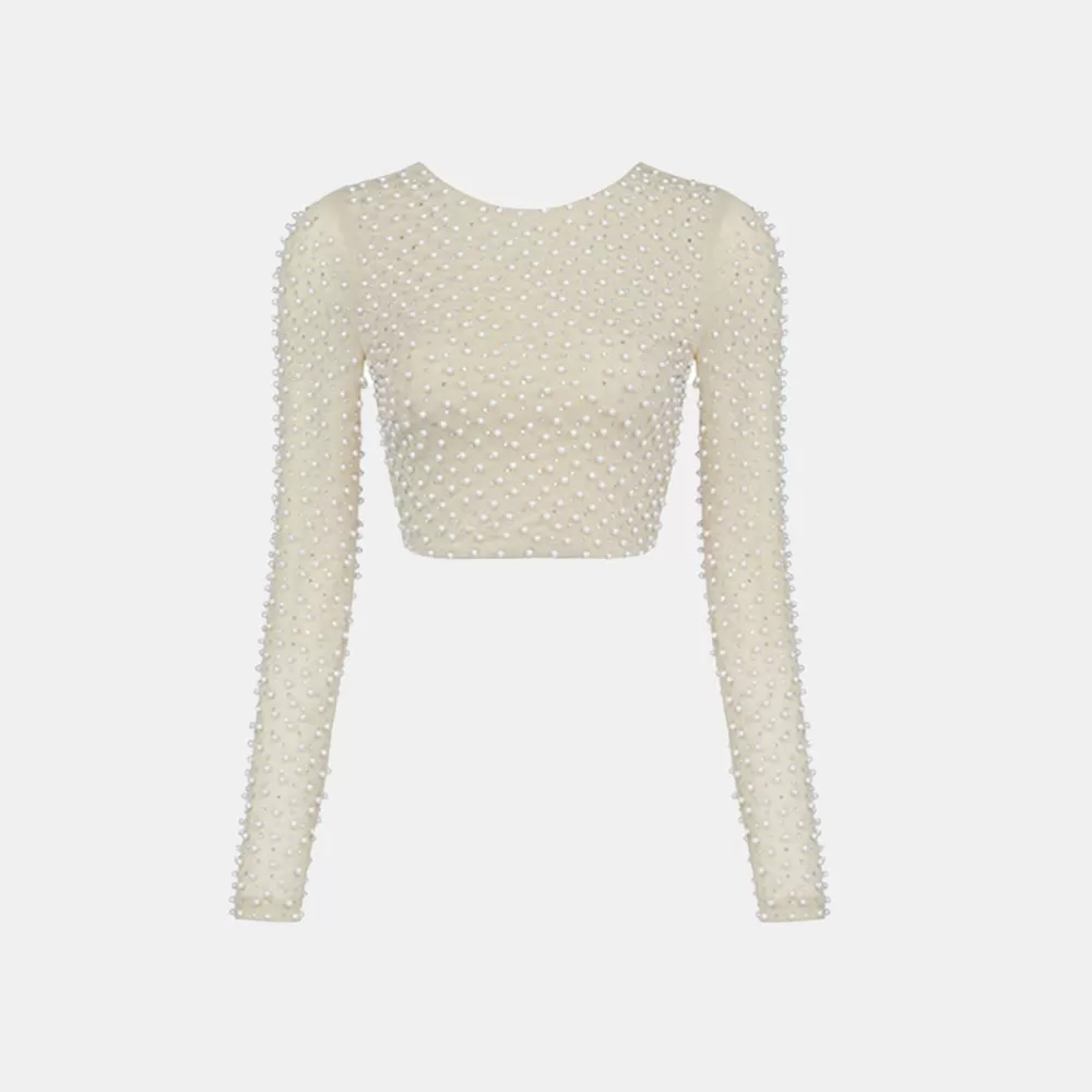 Beading Mesh Long Sleeve Crop Tops