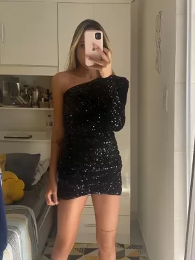 Beauty One-Shoulder Black Sequin Dress