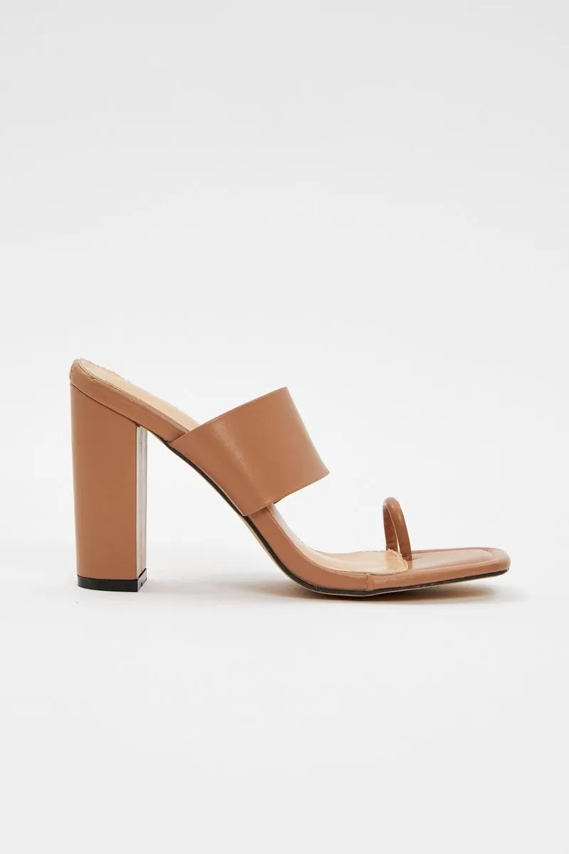 Beige Chunky Strap Heel Mules