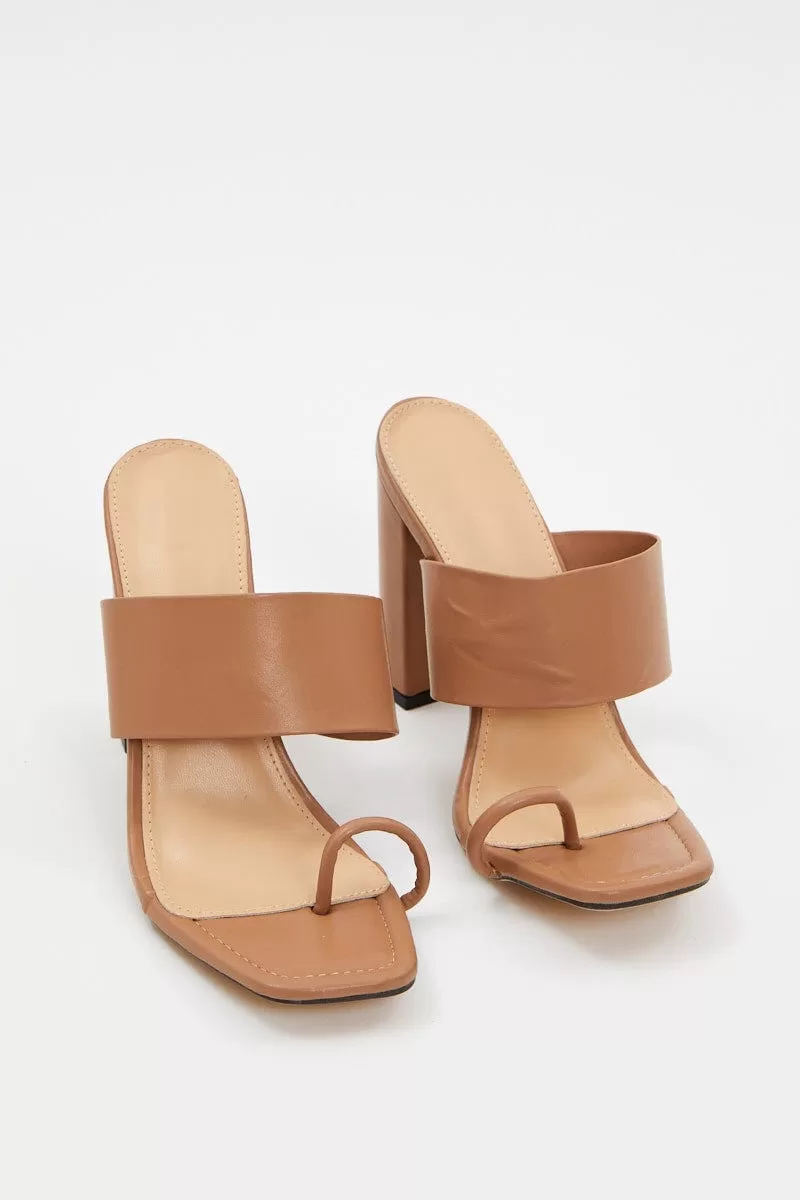 Beige Chunky Strap Heel Mules