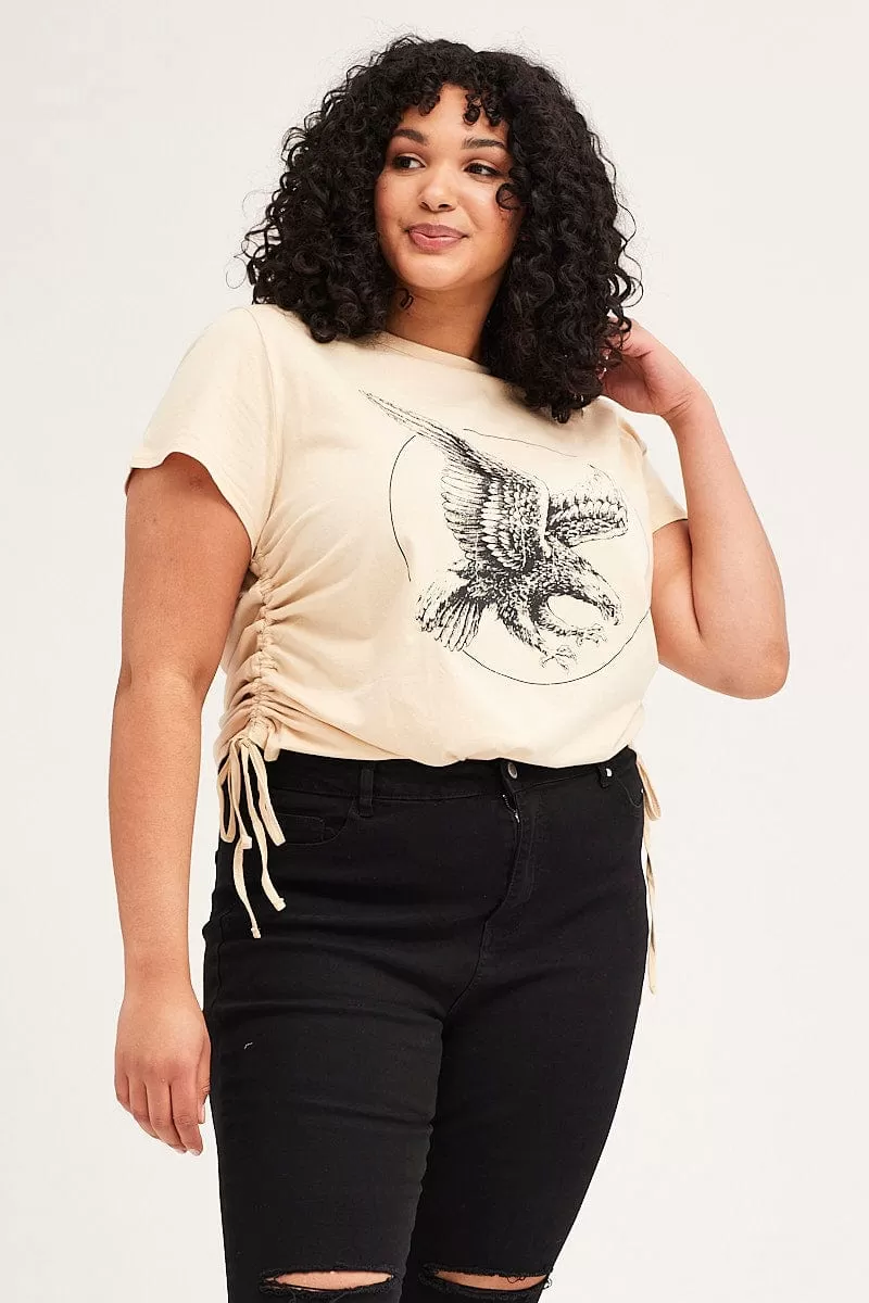 Beige Short Sleeve Eagle Drawstring T Shirt