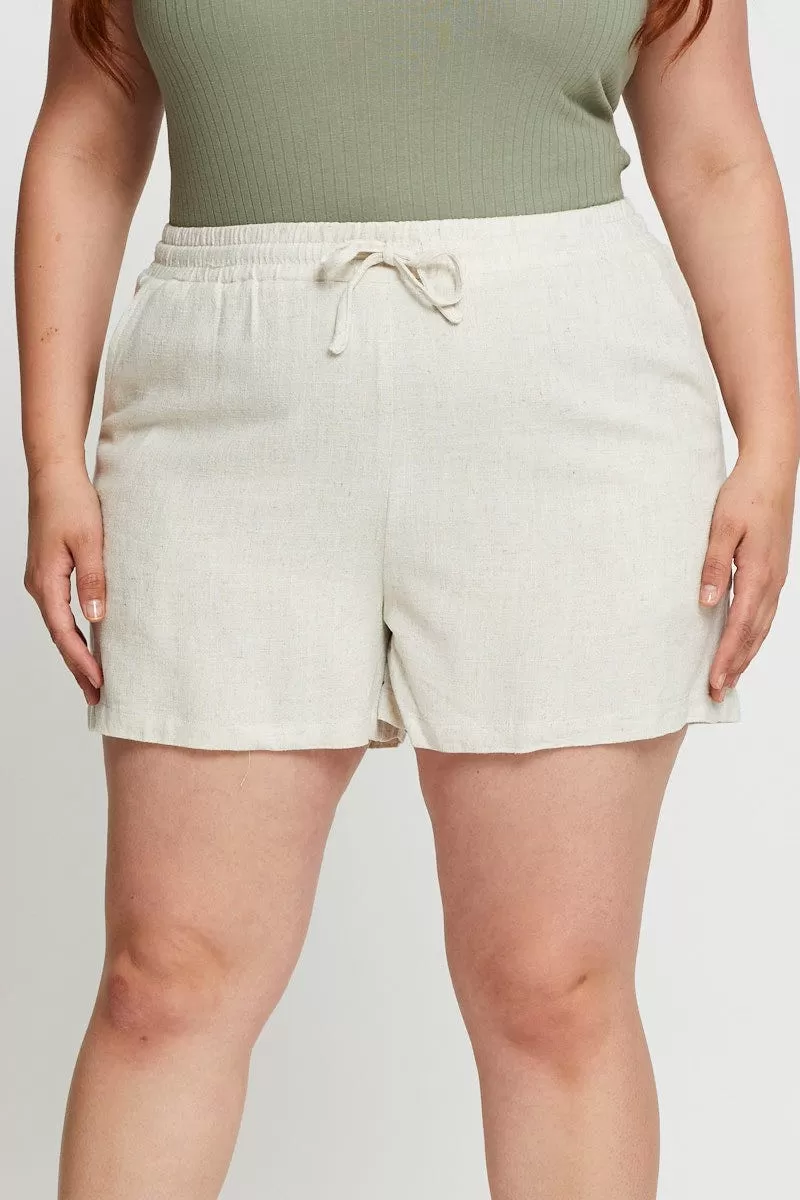 Beige Shorts High Rise Linen Blend Elastic Waist