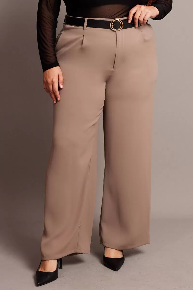 Beige Wide Leg Pants High Rise