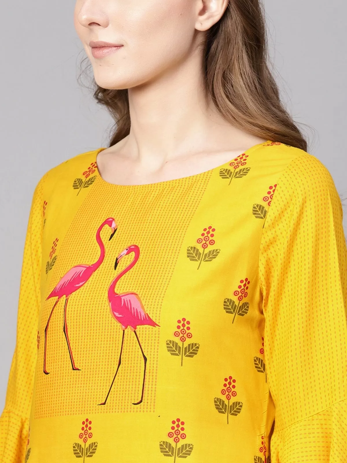 Bell Sleeves Layered Flamingo Printed Kurta