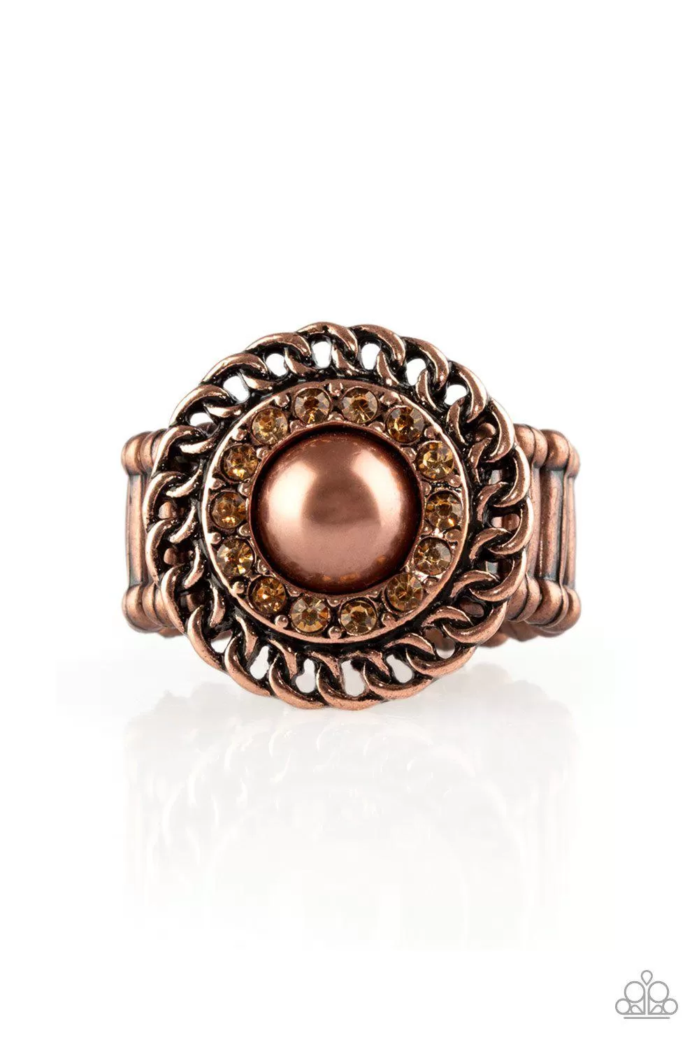 Big City Attitude Copper Pearl and Rhinestone Ring - Paparazzi Accessories