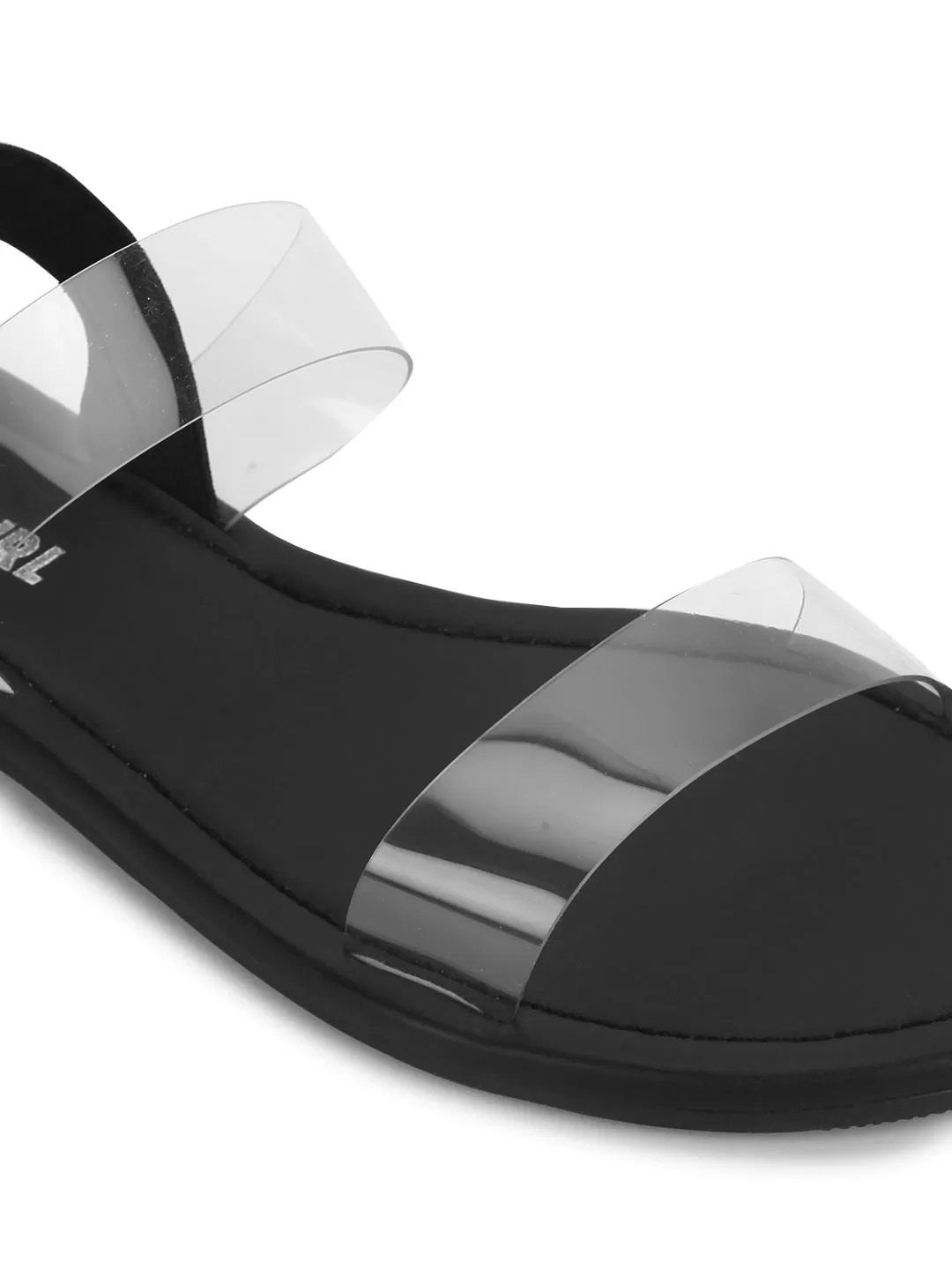 Black Back Strap Perspex PU Clear Flat Sandals