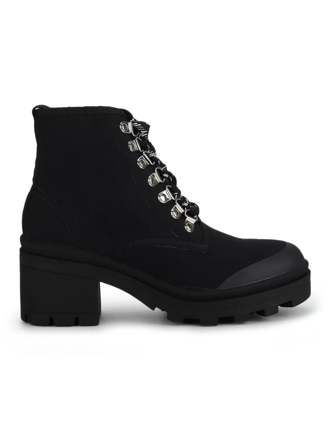 Black Canvas Lace-up Block Heel Ankle Boots