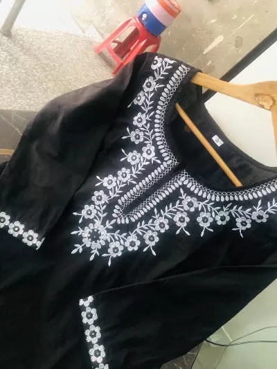 Black Cotton Embroidered Salwar Suit Set With Silk Dupatta