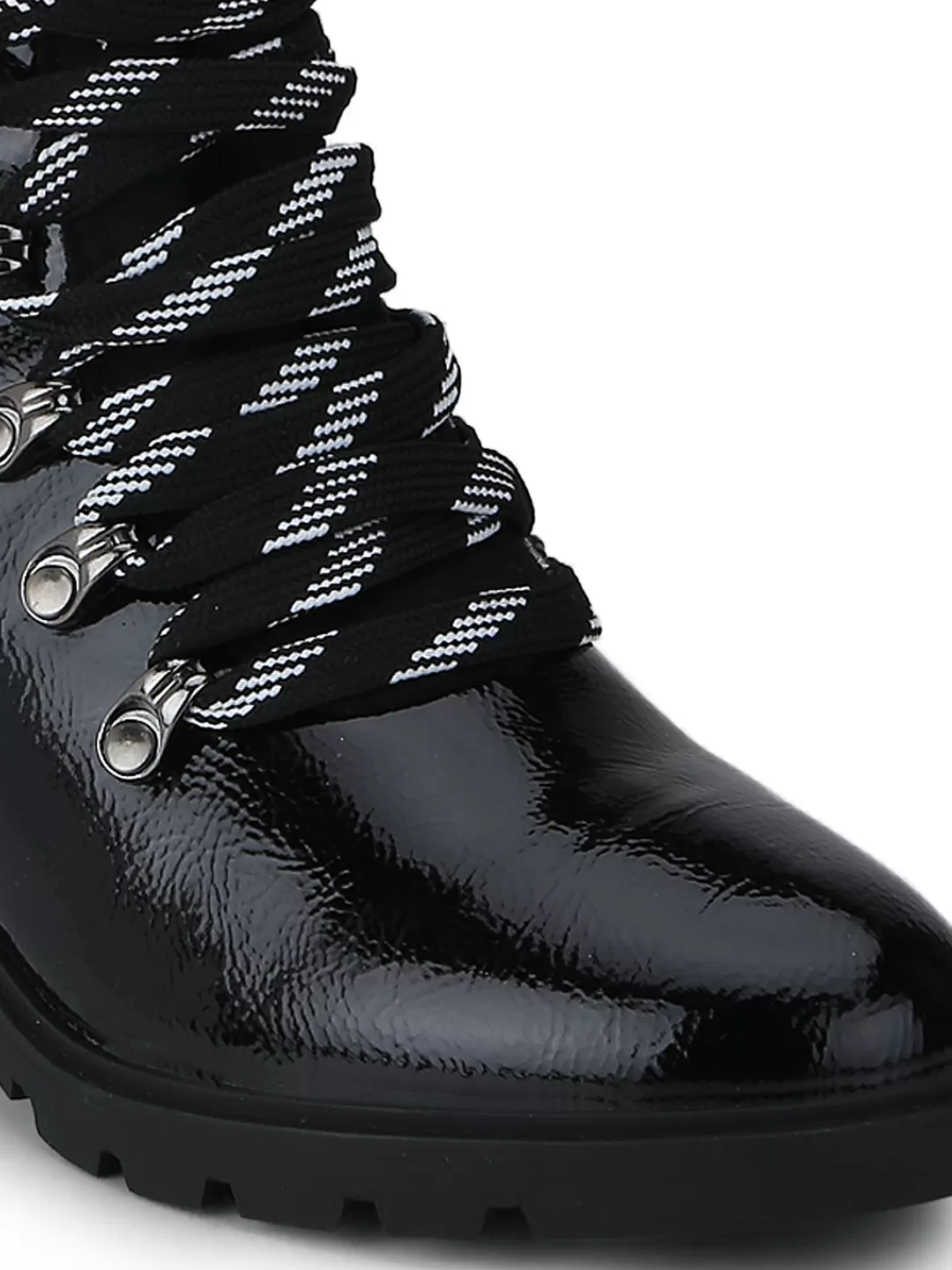 Black Crink Pat Lace-Up Block Heel Biker Ankle Length Boots