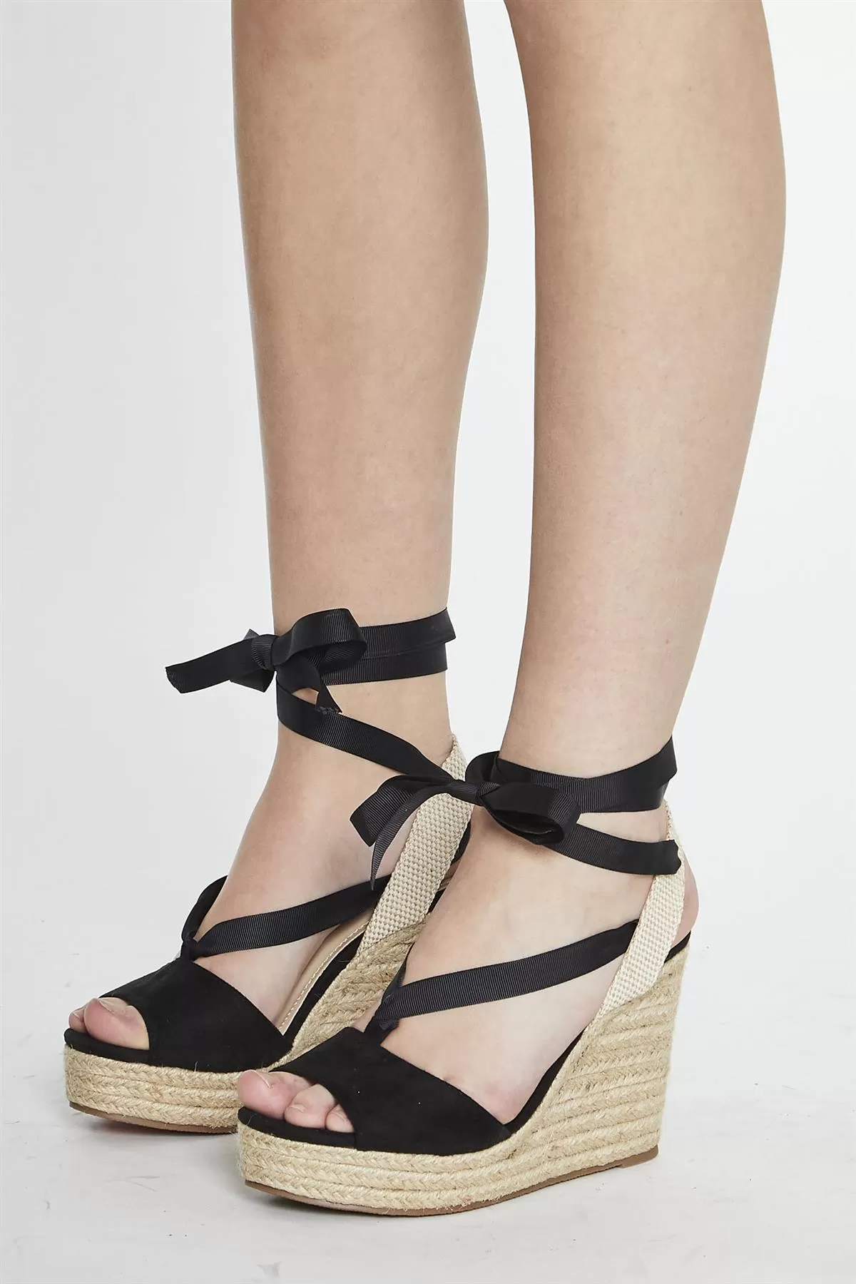 Black Open Toe Lace Up Heeled Wedges