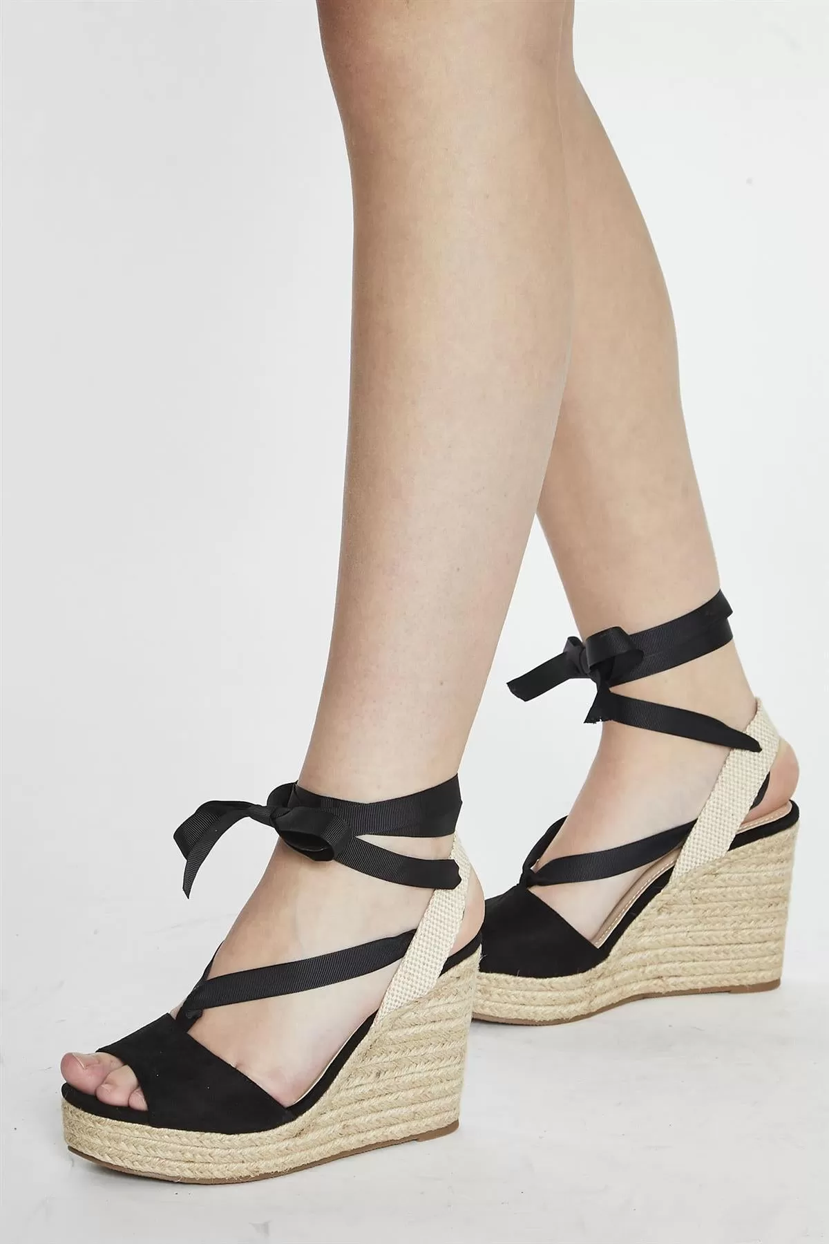 Black Open Toe Lace Up Heeled Wedges