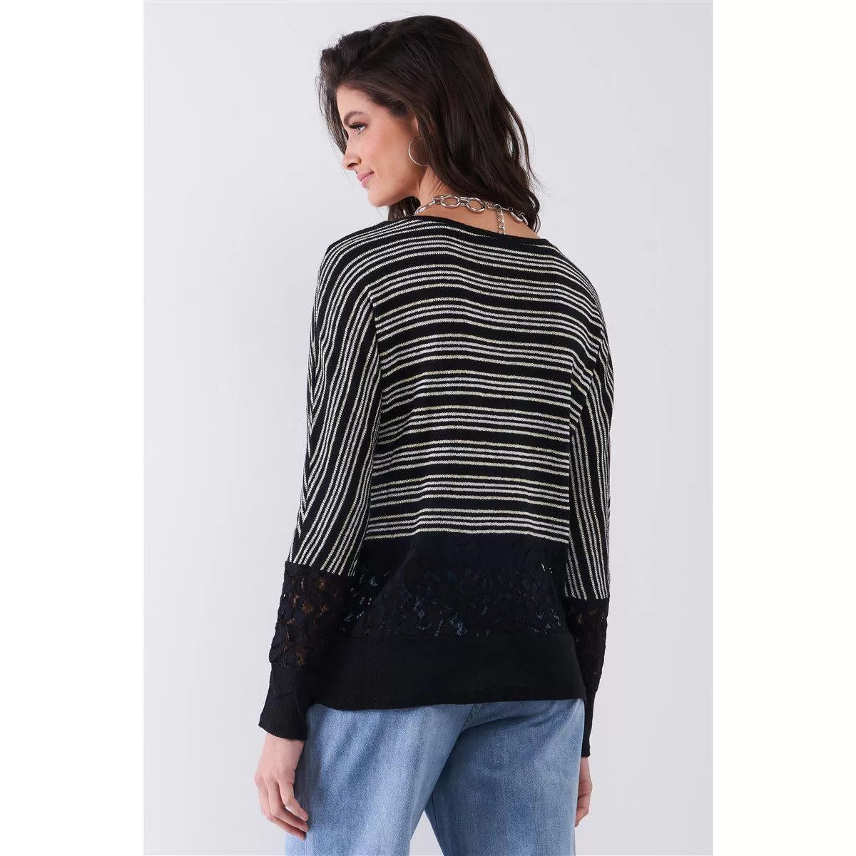 Black Striped Glitter Weave Crochet Trim Detail Long Sleeve Sweater Top