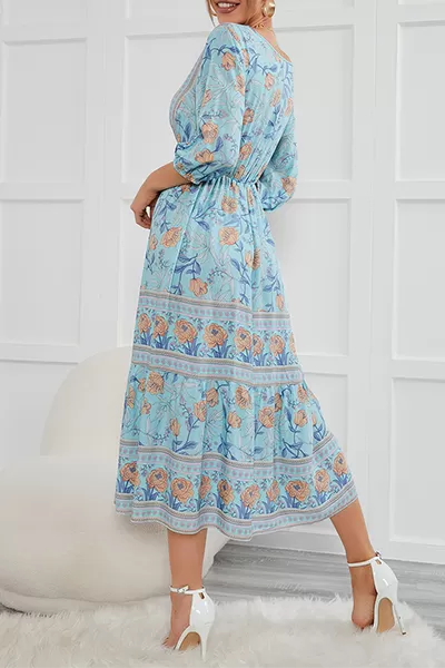 Bohemian Floral Buckle V Neck A Line Dresses