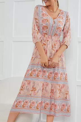 Bohemian Floral Buckle V Neck A Line Dresses