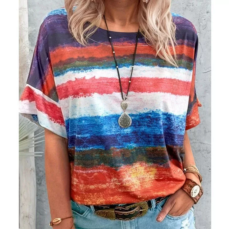 Bohemian Striped Watercolor Style Short Sleeved Tee