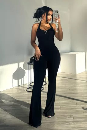 Casual Effect Halter Rhinestone Buckle Jumpsuit