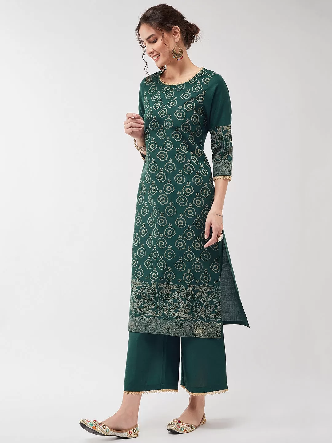 Casual Printed Kurta With Lace And Matching Pant Set