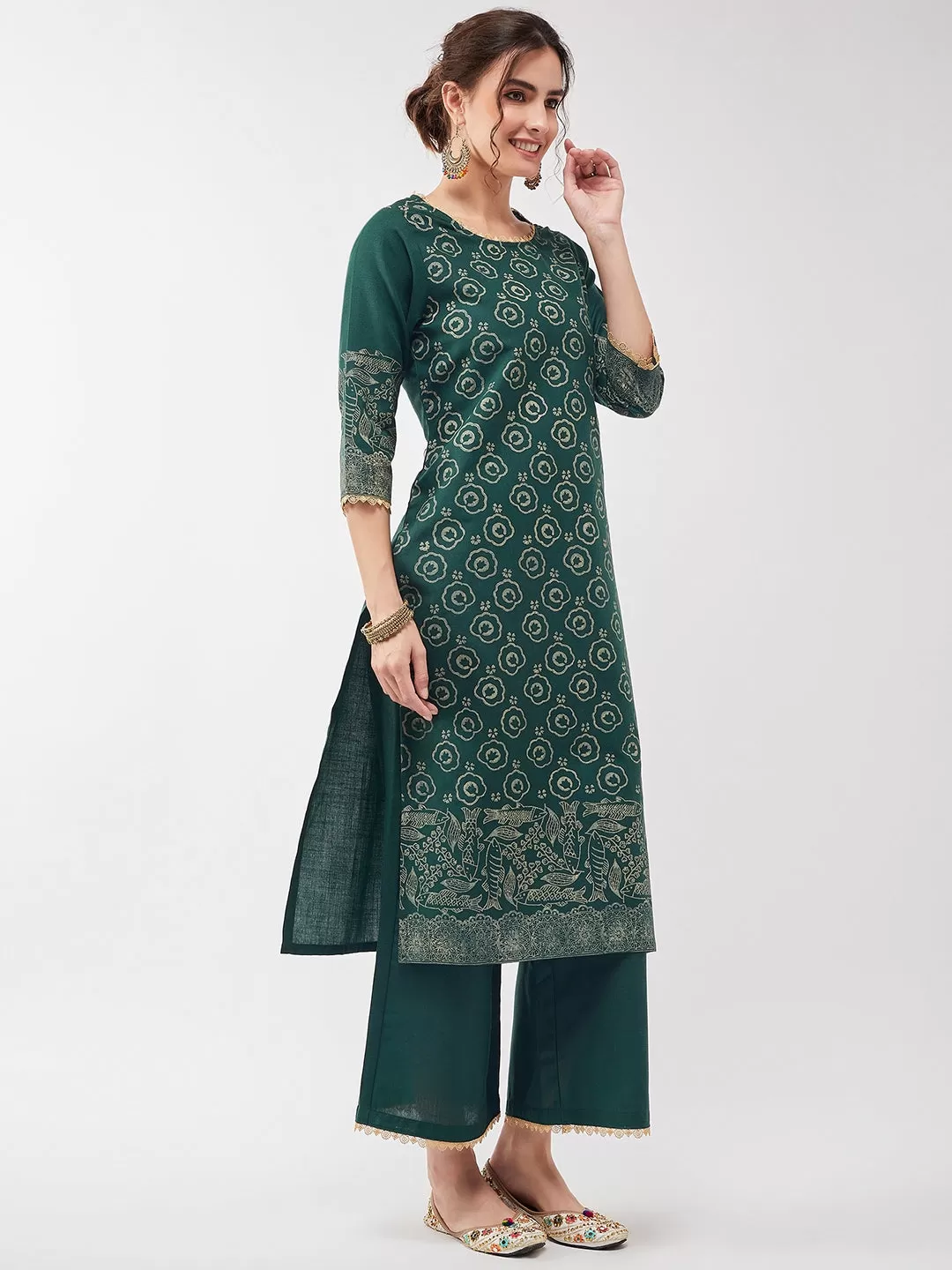 Casual Printed Kurta With Lace And Matching Pant Set