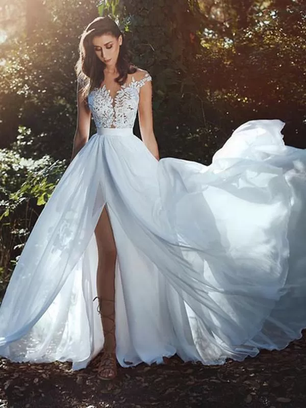 Chic Chiffon Ivory Wedding Dress A Line Lace Cheap Wedding Dress #ER154