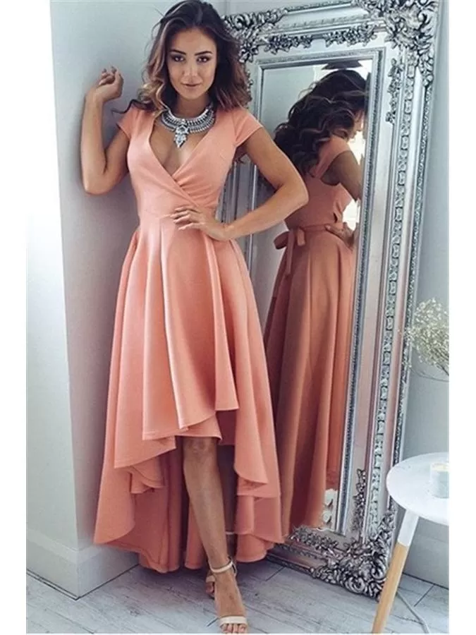 Chic Pink V Neck Prom Dress Cheap Short Sleeve Prom Dress #ER194