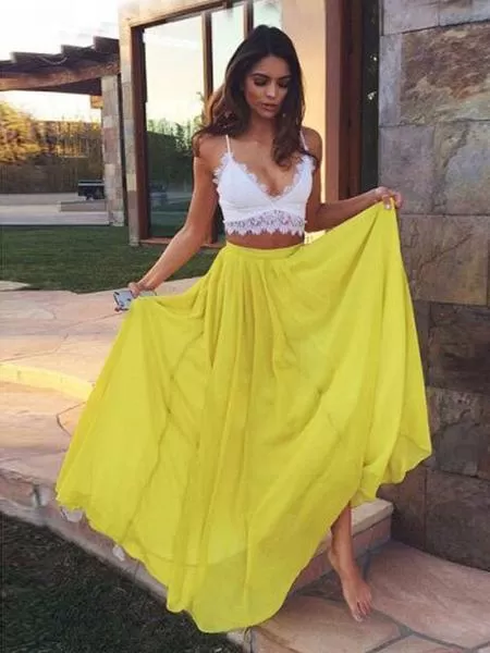 Chic Two Piece Prom Dress Chiffon Yellow Prom Dress #ER058