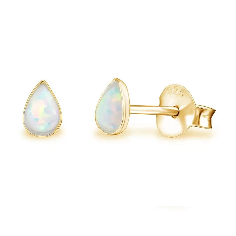 Classic Mini Drop-shaped Opal Stud Earrings - 18K Gold Plated 925 Sterling Silver