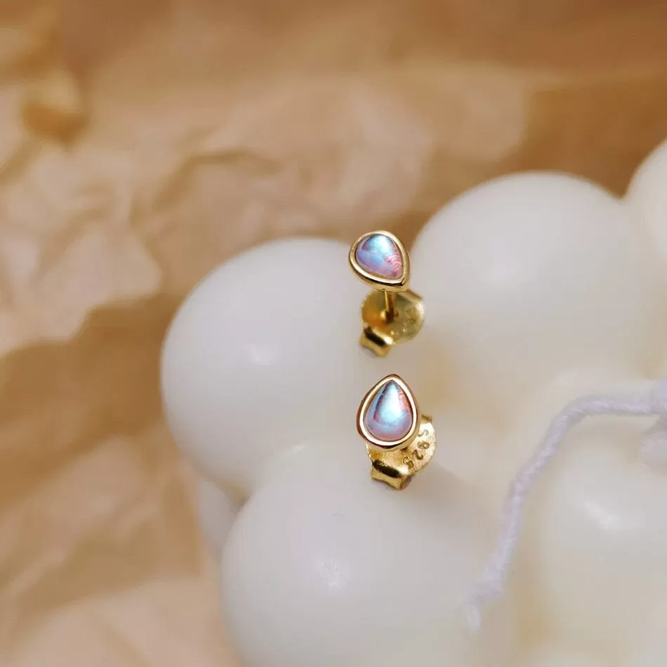 Classic Mini Drop-shaped Opal Stud Earrings - 18K Gold Plated 925 Sterling Silver