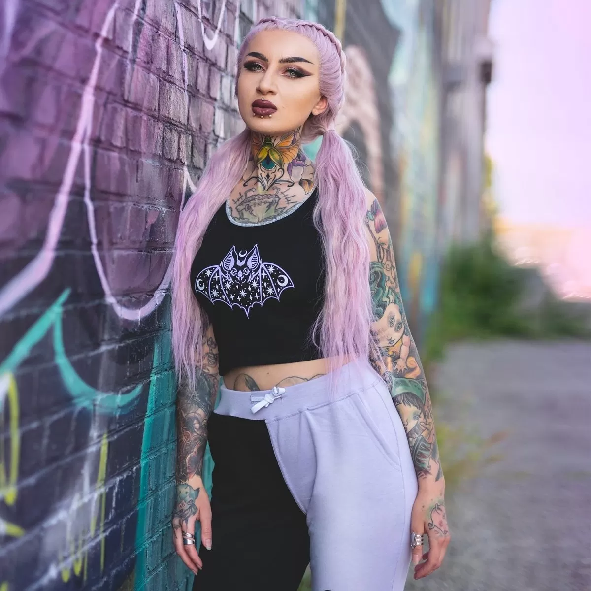 Cosmic Bat White Lace Crop Cami