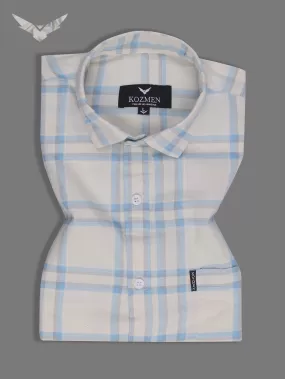 Cream Color Blue Checkered Cotton Casual Shirt