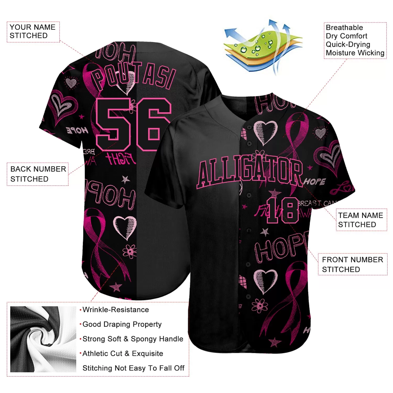 Custom 3D Pink Ribbon Breast Cancer Awareness Month Women Health Care Support Authentic Baseball Jersey